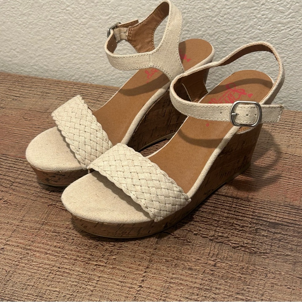 Jellypop Beige Woven Braided Platform Wedge Sandals Ankle Strap Cork Heel  5 1/2